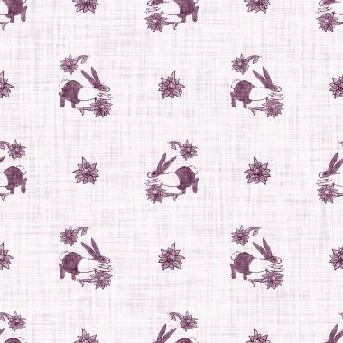 Tatlı suluboya bahar mor tavşan motifli arka plan. Elle boyanmış dünyevi, tuhaf, pürüzsüz desen. Bebek odası için modern keten tekstil. Tarafsız, sessiz, scandi tarzı renk tavşanı..