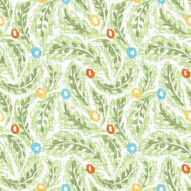 Suluboya yaprak motif arka planı. Elle boyanmış dünyevi, tuhaf, pürüzsüz desen. Yaz evi dekorasyonu için modern keten kumaş. Dekoratif Skandi stili baskının her yerinde renkli doğa