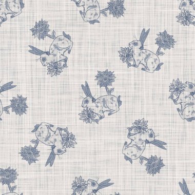 Kusursuz Fransız çiftlik evi tavşanı keten kumaş kaplama. Provence mavi desen dokusu. Şık, pejmürde bir arka plan. Baskı efektinin her yerinde tekstil taraması var. Suluboya boya motifi