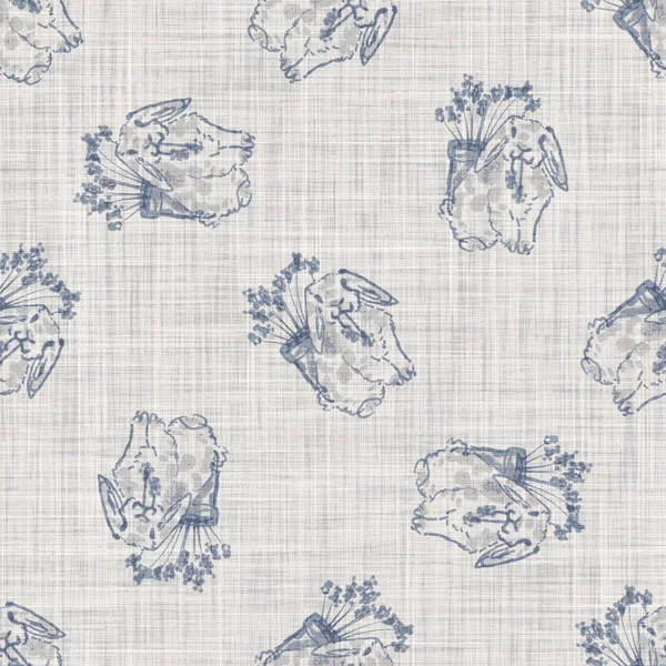Sömlös fransk bondgård kanin linne tryckt tyg bakgrund. Provence blå mönsterstruktur. Shabby chic stil vävd bakgrund. Textil rustik skandal över hela tryck effekt. Akvarellmålningsmotiv — Stockfoto