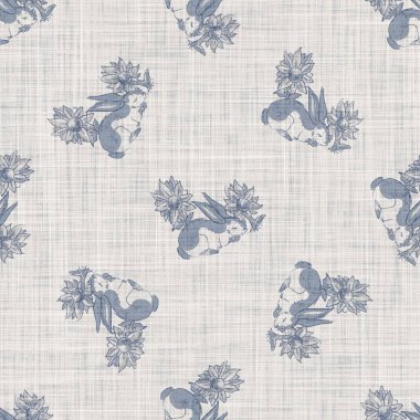 Kusursuz Fransız çiftlik evi tavşanı keten kumaş kaplama. Provence mavi desen dokusu. Şık, pejmürde bir arka plan. Baskı efektinin her yerinde tekstil taraması var. Suluboya boya motifi