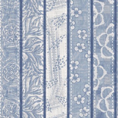 Pasaklı, şık Fransız, gri, mavi keten yama şeritli. Grunge eski yama tekstil efektlerini yıkadı. Kır tarzı ev dekorasyonu yumuşak mobilyalar, dekoratif yastık ya da kumaşın her tarafına yapıştırılmış.. 