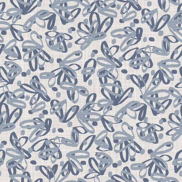 Seamless french farmhouse linen printed floral damask background. Provence blue gray linen pattern texture. Shabby chic style woven blur background. Textile rustic all over print