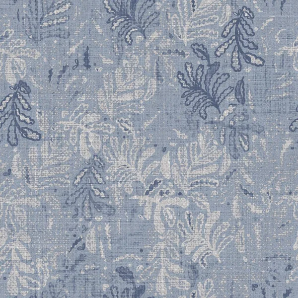 Seamless french farmhouse linen printed floral damask background. Provence blue gray linen pattern texture. Shabby chic style woven blur background. Textile rustic all over print