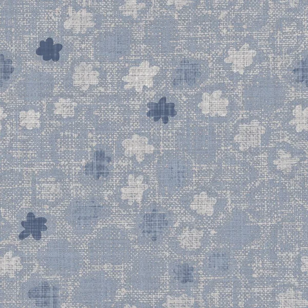 Seamless french farmhouse linen printed floral damask background. Provence blue gray linen pattern texture. Shabby chic style woven blur background. Textile rustic all over print