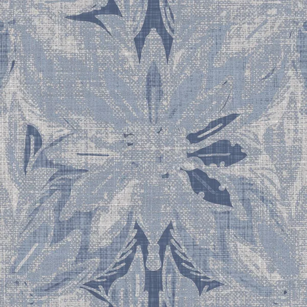 Seamless french farmhouse linen printed floral damask background. Provence blue gray linen pattern texture. Shabby chic style woven blur background. Textile rustic all over print