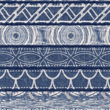 Denim mavisi yamalı örgü dokusu. Eski model baskılı pamuk tekstil efekti. Yamalı kot ev dekorasyonu yumuşak mobilya arka planı. Kumaş baskı malzemesinin her tarafına sccandi yorgan dikişi atılmış..