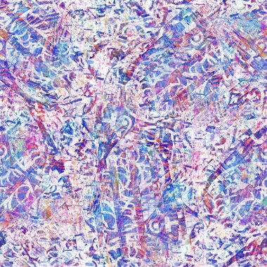 Kusursuz yaz boho 'su parmak izini sildi. Grunge hafif suluboya kolaj dokusu arka planı. Plaj desenli tekstil kumaşı. Boya mavisi, pastel, bulanık, püre, her yerde arıza var. 