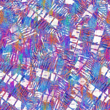 Kusursuz yaz boho 'su parmak izini sildi. Grunge hafif suluboya kolaj dokusu arka planı. Plaj desenli tekstil kumaşı. Boya mavisi, pastel, bulanık, püre, her yerde arıza var. 