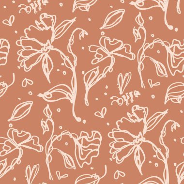 Kusursuz minimalist karalama çiçek desenli arka plan. İki tonlu duvar kağıdını sakinleştir. Basit modern skandi unisex bebek tasarımı. Her yerde organik, çocuksu, cinsiyetsiz, tarafsız bir bebek var. El çizimi çiçek..