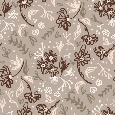 Kusursuz minimalist karalama çiçek desenli arka plan. Sakin boho dünya renginde duvar kağıdı. Basit modern skandi unisex çiçek tasarımı. Her yerde organik, çocuksu, cinsiyetsiz, tarafsız bir bebek var. El çizimi.