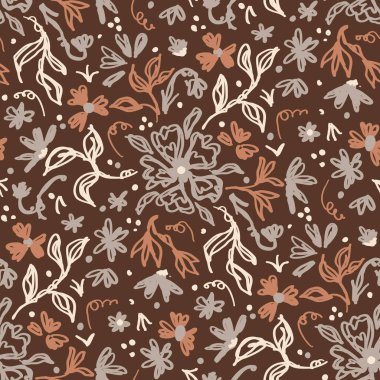 Kusursuz minimalist karalama çiçek desenli arka plan. Sakin boho dünya renginde duvar kağıdı. Basit modern skandi unisex çiçek tasarımı. Her yerde organik, çocuksu, cinsiyetsiz, tarafsız bir bebek var. El çizimi.