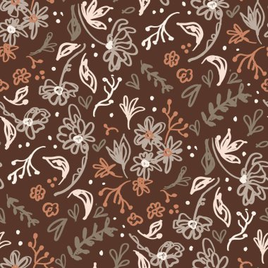 Kusursuz minimalist karalama çiçek desenli arka plan. Sakin boho dünya renginde duvar kağıdı. Basit modern skandi unisex çiçek tasarımı. Her yerde organik, çocuksu, cinsiyetsiz, tarafsız bir bebek var. El çizimi.