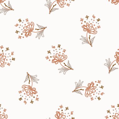 Kusursuz minimalist karalama çiçek desenli arka plan. Sakin boho dünya renginde duvar kağıdı. Basit modern skandi unisex çiçek tasarımı. Her yerde organik, çocuksu, cinsiyetsiz, tarafsız bir bebek var. El çizimi.