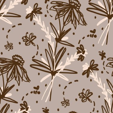 Kusursuz minimalist karalama çiçek desenli arka plan. Sakin boho dünya renginde duvar kağıdı. Basit modern skandi unisex çiçek tasarımı. Her yerde organik, çocuksu, cinsiyetsiz, tarafsız bir bebek var. El çizimi.