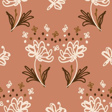 Kusursuz minimalist karalama çiçek desenli arka plan. Sakin boho dünya renginde duvar kağıdı. Basit modern skandi unisex çiçek tasarımı. Her yerde organik, çocuksu, cinsiyetsiz, tarafsız bir bebek var. El çizimi.