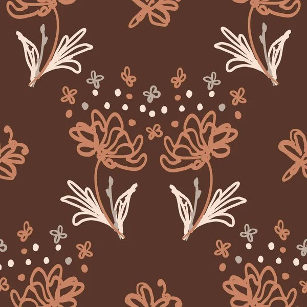 Kusursuz minimalist karalama çiçek desenli arka plan. Sakin boho dünya renginde duvar kağıdı. Basit modern skandi unisex çiçek tasarımı. Her yerde organik, çocuksu, cinsiyetsiz, tarafsız bir bebek var. El çizimi.