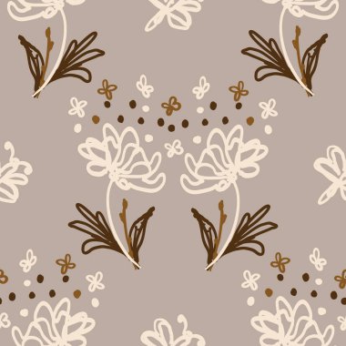 Kusursuz minimalist karalama çiçek desenli arka plan. Sakin boho dünya renginde duvar kağıdı. Basit modern skandi unisex çiçek tasarımı. Her yerde organik, çocuksu, cinsiyetsiz, tarafsız bir bebek var. El çizimi.