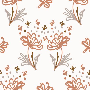 Kusursuz minimalist karalama çiçek desenli arka plan. İki tonlu duvar kağıdını sakinleştir. Basit modern skandi unisex bebek tasarımı. Her yerde organik, çocuksu, cinsiyetsiz, tarafsız bir bebek var. El çizimi çiçek..