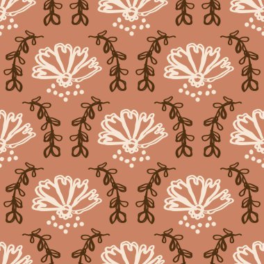 Kusursuz minimalist karalama çiçek desenli arka plan. Sakin boho dünya renginde duvar kağıdı. Basit modern skandi unisex çiçek tasarımı. Her yerde organik, çocuksu, cinsiyetsiz, tarafsız bir bebek var. El çizimi.