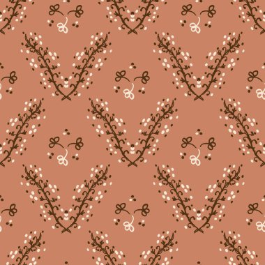 Kusursuz minimalist karalama çiçek desenli arka plan. Sakin boho dünya renginde duvar kağıdı. Basit modern skandi unisex çiçek tasarımı. Her yerde organik, çocuksu, cinsiyetsiz, tarafsız bir bebek var. El çizimi.