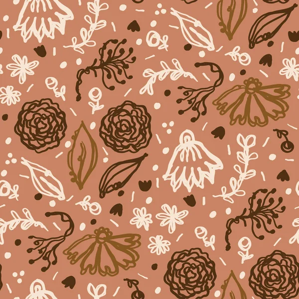 Nahtlose minimalistische Doodle floralen Muster Hintergrund. Ruhige Boho erdigen Farbton Tapete. Einfaches modernes skandinavisches Unisex-Blumendesign. Bio-Baby geschlechtsneutral auf der ganzen Welt. Handgezeichnet. — Stockvektor
