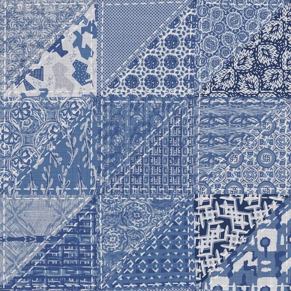 Denim azul occidental patchwork triángulo tejido textura. Indigo vintage lavado impreso efecto textil de algodón. Fondo de decoración del hogar jean parcheado. Boho bandana quilt stitch allover tela material de impresión. —  Fotos de Stock