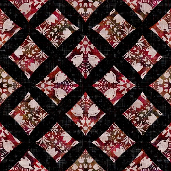 Fondo de impresión de bloque de mosaico de comprobación oscura sin costuras. Estilo de tejido de decoración suave étnica Boho. Tinte de corbata decorativa rejilla motivo patrón textil. Grunge invierno borroso raster jpg swatch por todas partes imprimir. —  Fotos de Stock