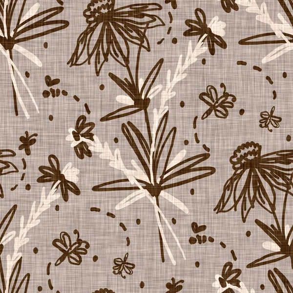 Sans couture lin doodle motif floral fond. Calme boho ton terreux fond d'écran de couleur. Simple design de fleur unisexe scandi moderne. Bio bébé neutre de genre enfantin partout imprimer. Dessiné à la main. — Photo