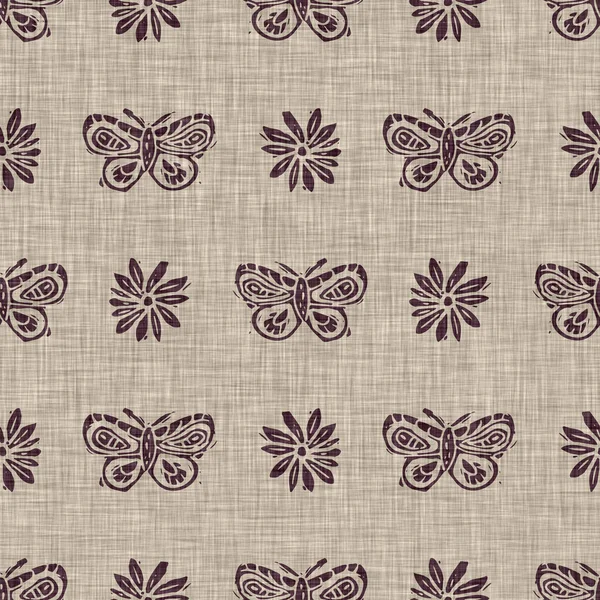 Handmade carved linen block print butterfly seamless pattern. Rustic babies silhouette illustration background. Modern beige style scandi. Soft cloth textile fashion all over design. — Stock Photo, Image
