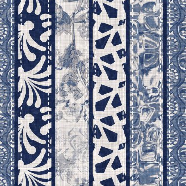 Denim mavisi yamalı örgü dokusu. Eski model baskılı pamuk tekstil efekti. Yamalı kot ev dekorasyonu yumuşak mobilya arka planı. Kumaş baskı malzemesinin her tarafına sccandi yorgan dikişi atılmış..