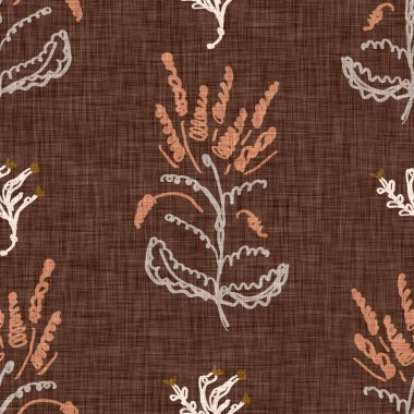 Kusursuz keten karalama çiçek desenli arka plan. Sakin boho dünya renginde duvar kağıdı. Basit modern skandi unisex çiçek tasarımı. Her yerde organik, çocuksu, cinsiyetsiz, tarafsız bir bebek var. El çizimi.