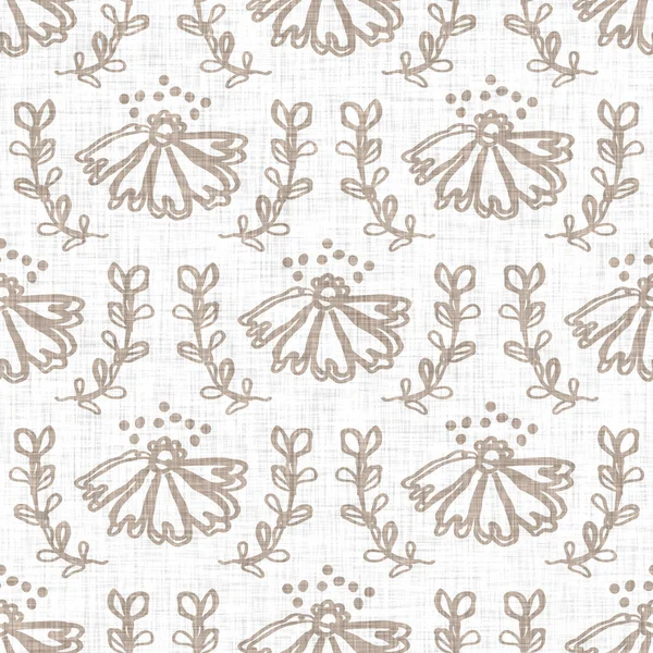 Seamless linen doodle floral pattern background. Calm boho earthy tone color wallpaper. Simple modern scandi unisex flower design. Organic childish gender neutral baby all over print. Hand drawn. — Stock Photo, Image