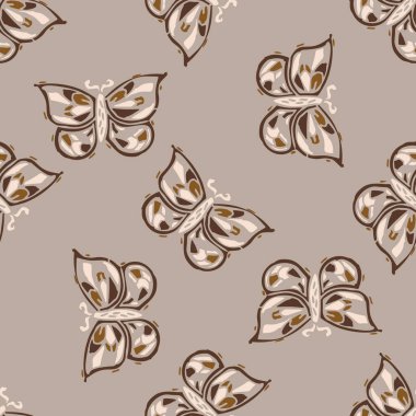 Kusursuz minimalist karalama kelebek desenli arka plan. Sakin boho dünya renginde duvar kağıdı. Modern skandi unisex çiçek tasarımı. Her yerde organik, çocuksu, cinsiyetsiz, tarafsız bir bebek var. El çizimi.