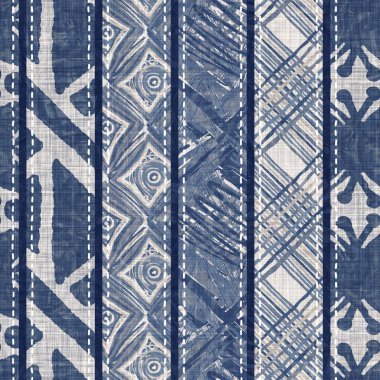 Denim mavisi yamalı örgü dokusu. Eski model baskılı pamuk tekstil efekti. Yamalı kot ev dekorasyonu yumuşak mobilya arka planı. Kumaş baskı malzemesinin her tarafına sccandi yorgan dikişi atılmış..