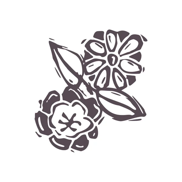 Grabado a mano negrita bloque de impresión flor icono clip art. Elemento de diseño de ilustración popular. Linograbado decorativo boho moderno. Tonos naturales étnicos apagados. Motivo vectorial rústico aislado. — Archivo Imágenes Vectoriales