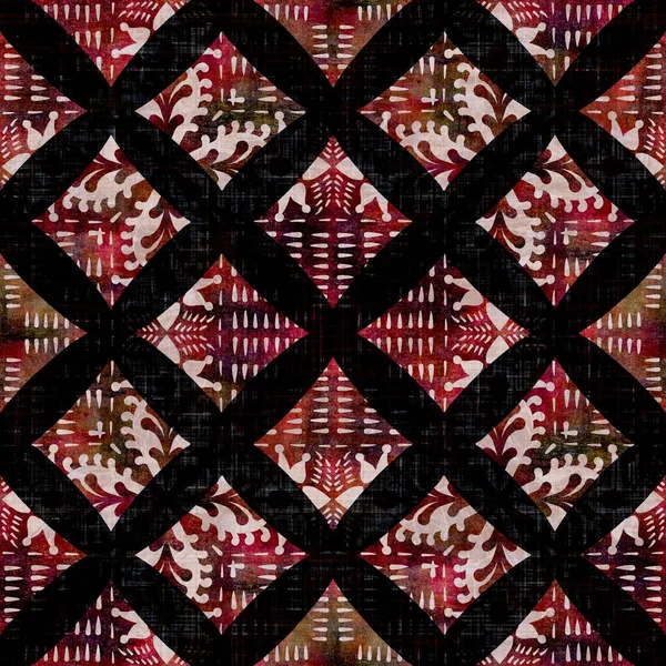 Fond d'impression bloc mosaïque à carreaux foncés sans couture. Boho ethnique ameublement doux style de tissu. Cravate teinture motif grille décorative textile motif. Grunge hiver flou raster jpg swatch all over print. — Photo