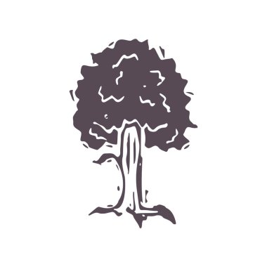 Elle oyulmuş kalın blok ağacı klipsli resim. Halk mirası çizim elementi. Modern boho dekoratif linocut. Etnik ve sessiz doğal ses tonları. İzole edilmiş kırsal vektör motifi. 