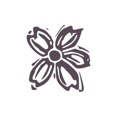 Elle oyulmuş, kalın bloklu çiçek ikonu klipsi. Folk Illustration tasarım elementi. Modern boho dekoratif linocut. Etnik ve sessiz doğal ses tonları. İzole edilmiş kırsal vektör motifi. 