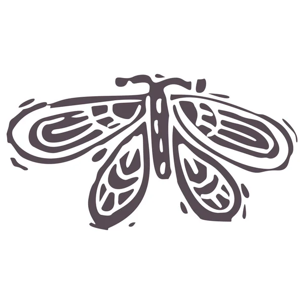 Grabado a mano negrita bloque de impresión mariposa icono clip art. Elemento de diseño de ilustración popular. Linograbado decorativo boho moderno. Tonos naturales étnicos apagados. Motivo vectorial rústico aislado. — Vector de stock