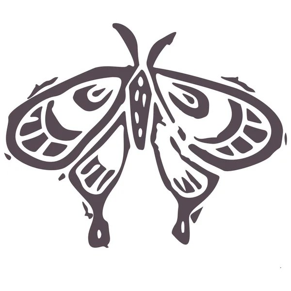 Grabado a mano negrita bloque de impresión mariposa icono clip art. Elemento de diseño de ilustración popular. Linograbado decorativo boho moderno. Tonos naturales étnicos apagados. Motivo vectorial rústico aislado. — Archivo Imágenes Vectoriales