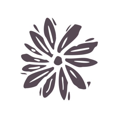 Elle oyulmuş, kalın bloklu çiçek ikonu klipsi. Folk Illustration tasarım elementi. Modern boho dekoratif linocut. Etnik ve sessiz doğal ses tonları. İzole edilmiş kırsal vektör motifi. 