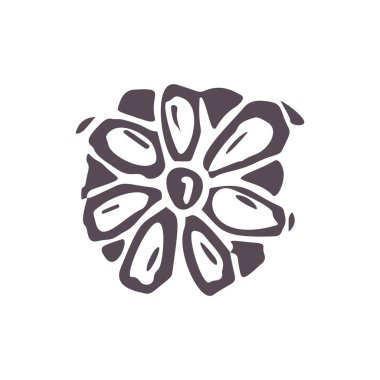 Elle oyulmuş, kalın bloklu çiçek ikonu klipsi. Folk Illustration tasarım elementi. Modern boho dekoratif linocut. Etnik ve sessiz doğal ses tonları. İzole edilmiş kırsal vektör motifi. 