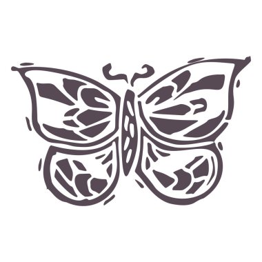 Elle oyulmuş kalın bloklu kelebek klipsli resim. Folk Illustration tasarım elementi. Modern boho dekoratif linocut. Etnik ve sessiz doğal ses tonları. İzole edilmiş kırsal vektör motifi. 