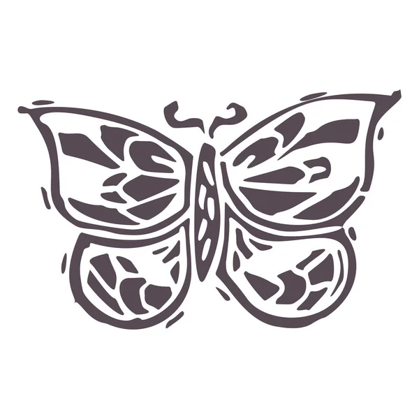 Grabado a mano negrita bloque de impresión mariposa icono clip art. Elemento de diseño de ilustración popular. Linograbado decorativo boho moderno. Tonos naturales étnicos apagados. Motivo vectorial rústico aislado. — Archivo Imágenes Vectoriales