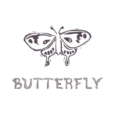 Kelebek desenli el oyması, Kelebek klipsli resim. Folk Illustration tasarım elementi. Modern boho dekoratif linocut. Etnik ve sessiz doğal ses tonları. İzole edilmiş kırsal vektör motifi. 