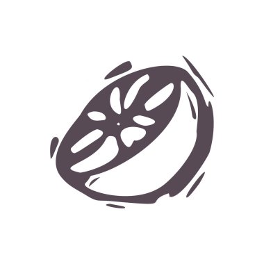 Elle oyulmuş kalın, blok baskı sincap portakalı meyve ikonu klipsleri. Folk Illustration tasarım elementi. Modern boho dekoratif linocut. Etnik ve sessiz doğal ses tonları. İzole edilmiş kırsal vektör motifi. 