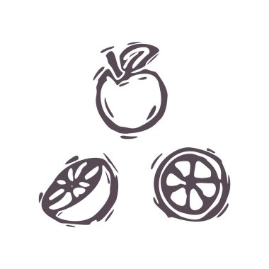 Elle oyulmuş koyu renkli, portakal renkli meyve ikonu klipsli sanat eseri. Folk Illustration tasarım elementi. Modern boho dekoratif linocut. Etnik ve sessiz doğal ses tonları. İzole edilmiş kırsal vektör motifi. 