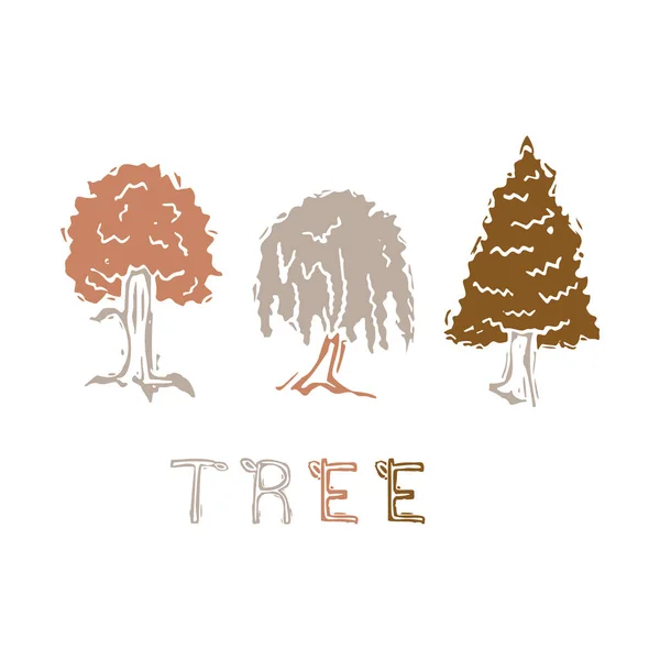 Naive scolpito albero blocco stampa motivo icona. Graziosa silhouette rustica illustrazione testo clipart. Decorativa mano intagliato lino adesivo parola. Forma isolata minimale neutra rispetto al genere. Vettore unisex moderno — Vettoriale Stock