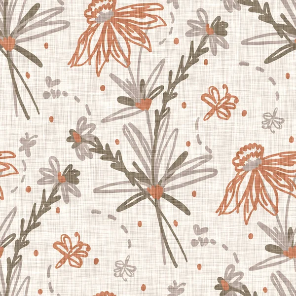Απρόσκοπτη λινό doodle floral μοτίβο φόντο. Ηρεμία boho γήινη απόχρωση ταπετσαρία χρώμα. Απλά μοντέρνα σκάνδαλα unisex σχεδιασμό λουλουδιών. Οργανικό παιδί ουδέτερο ως προς το φύλο σε όλο το αποτύπωμα. Χειροποίητο. — Φωτογραφία Αρχείου